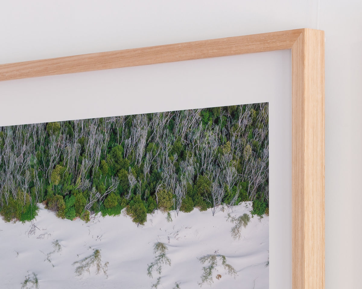 Sea Change. Aerial artwork Whitehaven Beach, Queensland, with timber frame, top corner details.