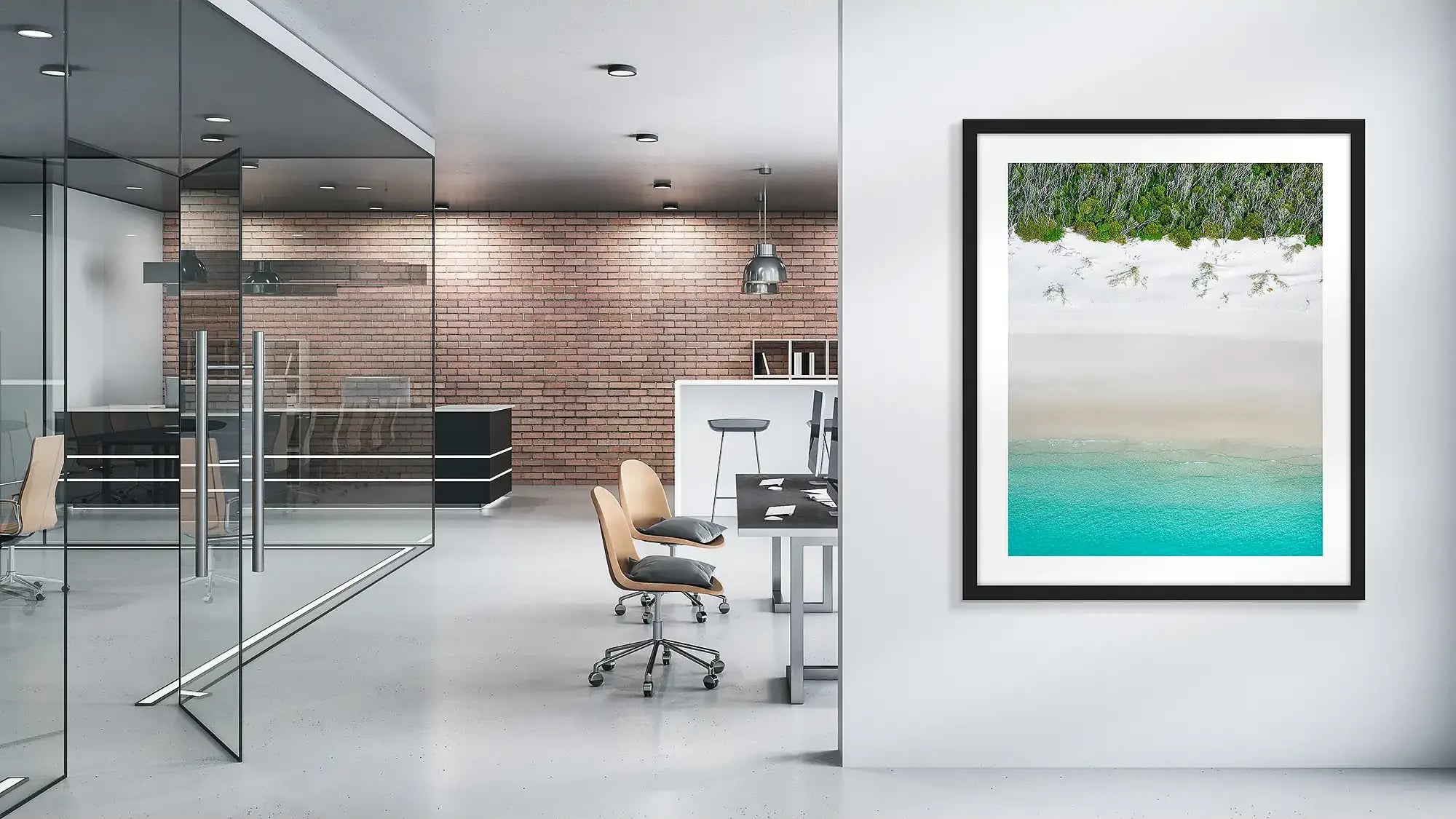 Sea Change. Whitehaven Beach wall art print, with black frame, in corporate office.