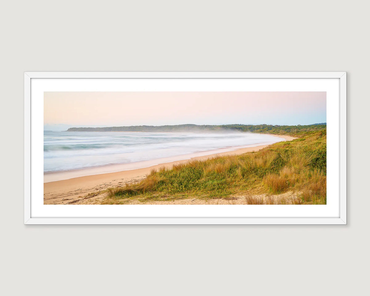 Framed artwork of a Durras Beach scene with grass and water.