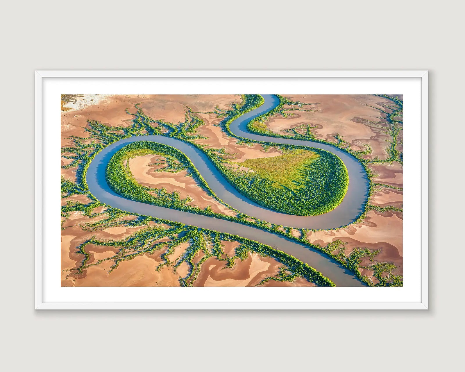 Framed landscape photograph of the King River winding through an arid landscape with greenery.