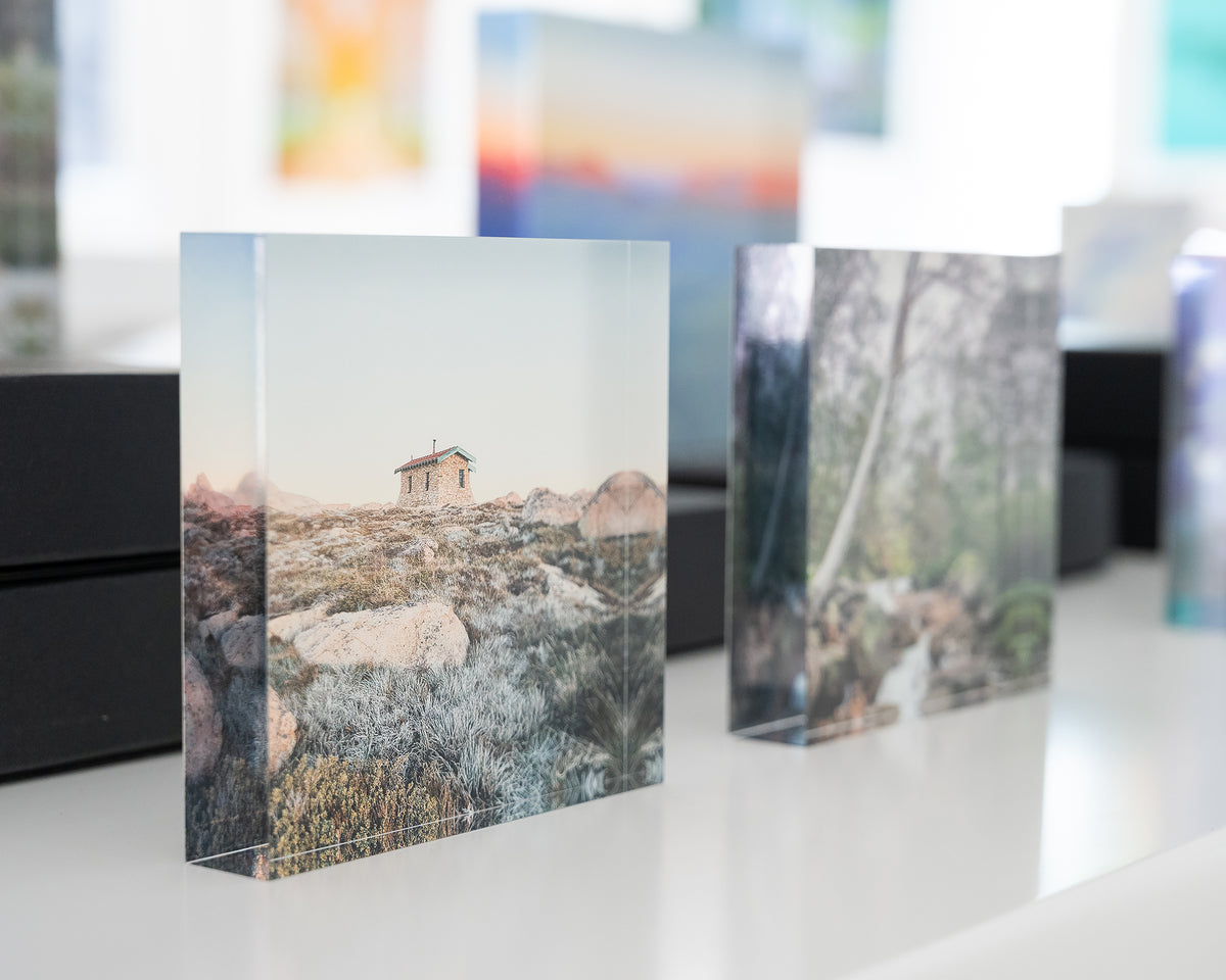 Shelter. Acrylic block Seamans Hut Kosciuszko National Park, New South Wales, on display in gallery.