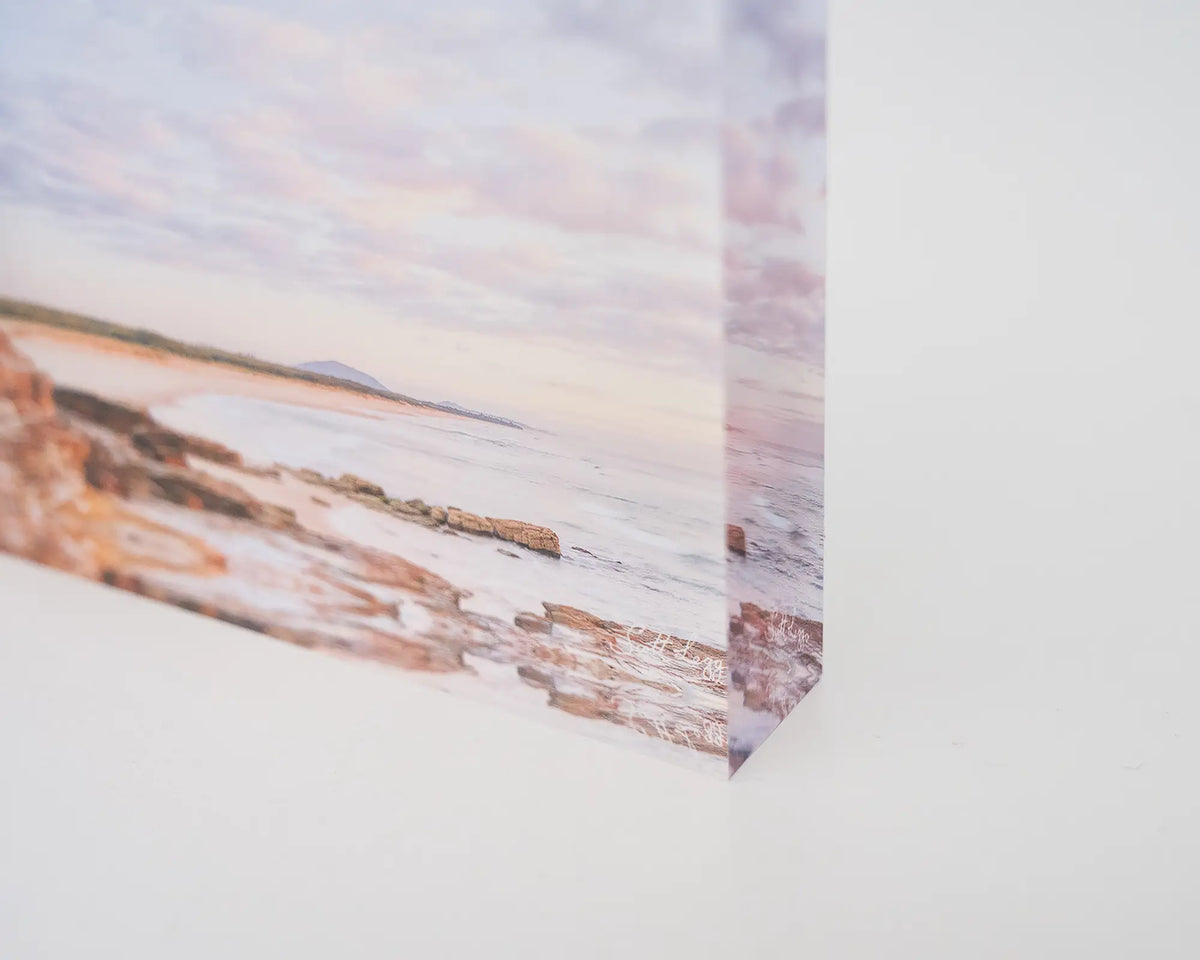 Shoreline. Acrylic block of Mudjimba Beach, Sunshine Coast, Queensland, corner close-up details.