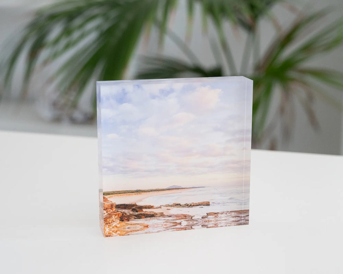 Shoreline. Acrylic block of Mudjimba Beach, Sunshine Coast, Queensland, styled in a coastal home.