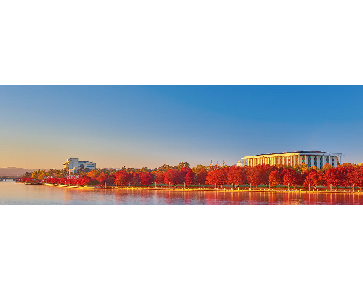 Simply Red. Autumn sunrise with red trees beside National Library and High Court, Lake Burley Griffin, Canberra.