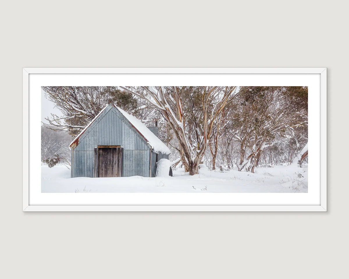 Framed photograph of a hut and snow gum forest covered in snow.