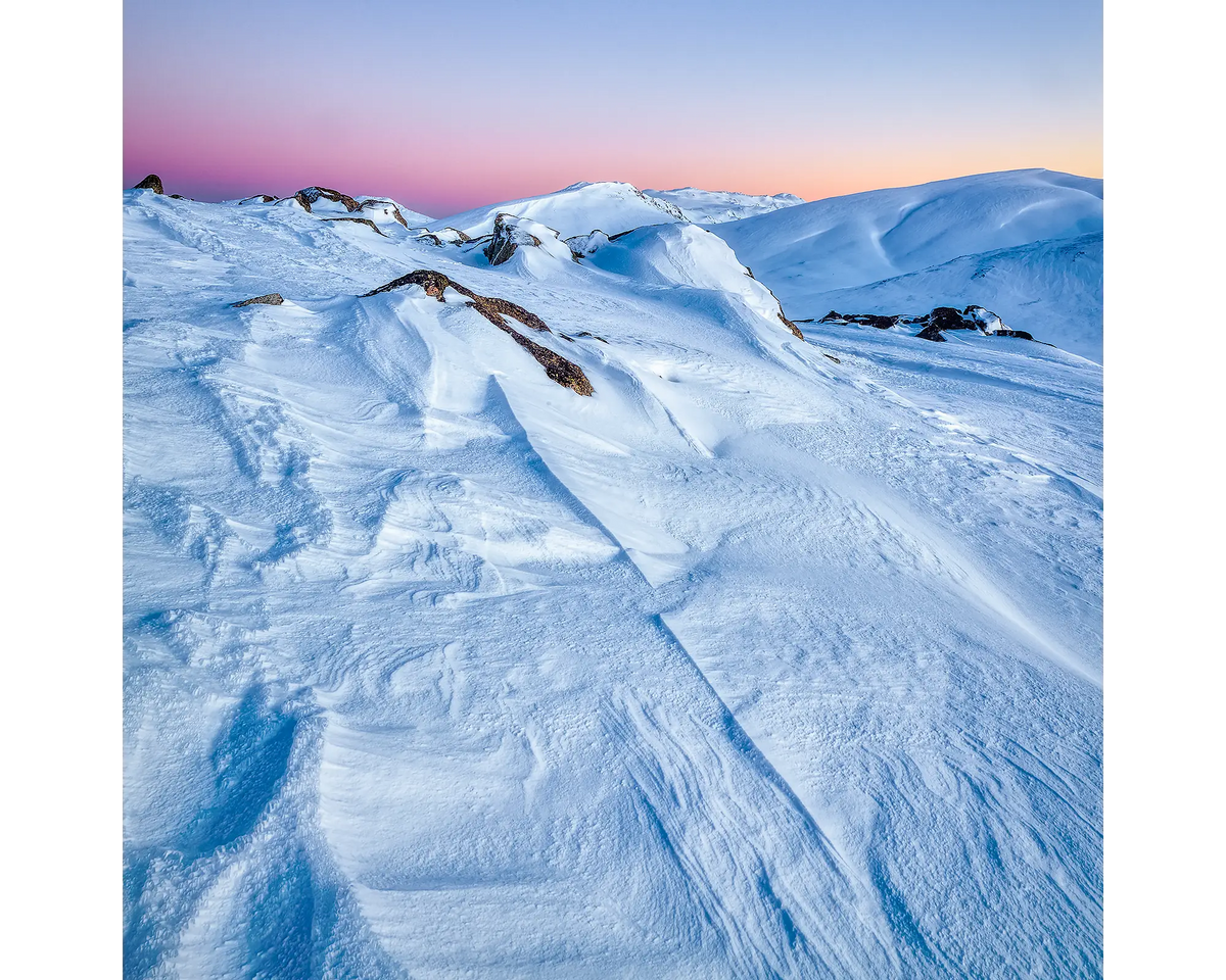 Snow Lines - winter sunrise, Kosciuszko National Park, New South Wales, Australia.