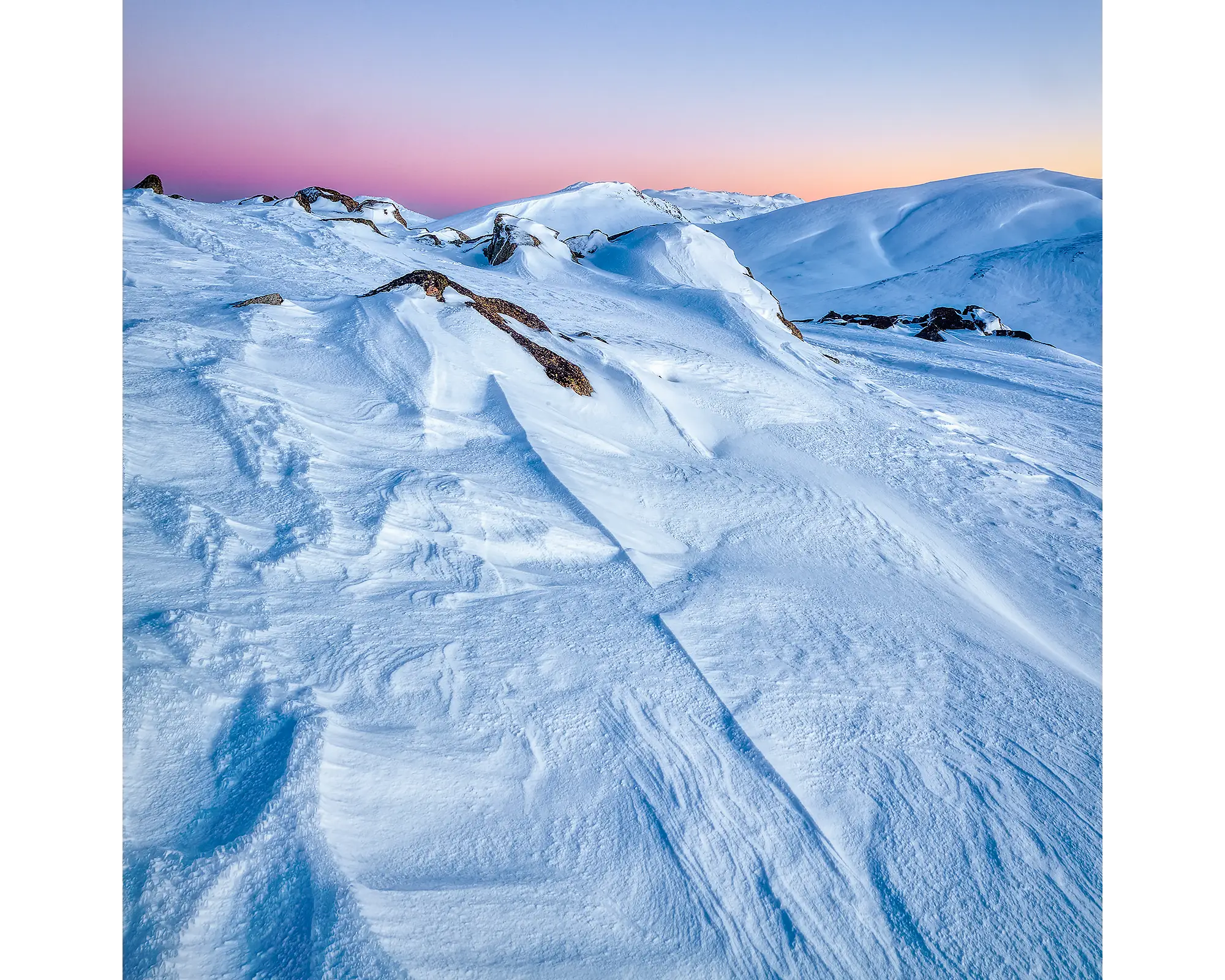 Snow Lines - winter sunrise, Kosciuszko National Park, New South Wales, Australia.