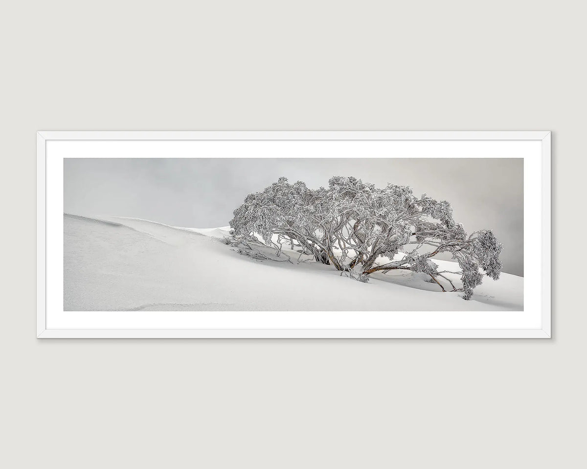 Framed artwork of a tree in a snowy landscape.