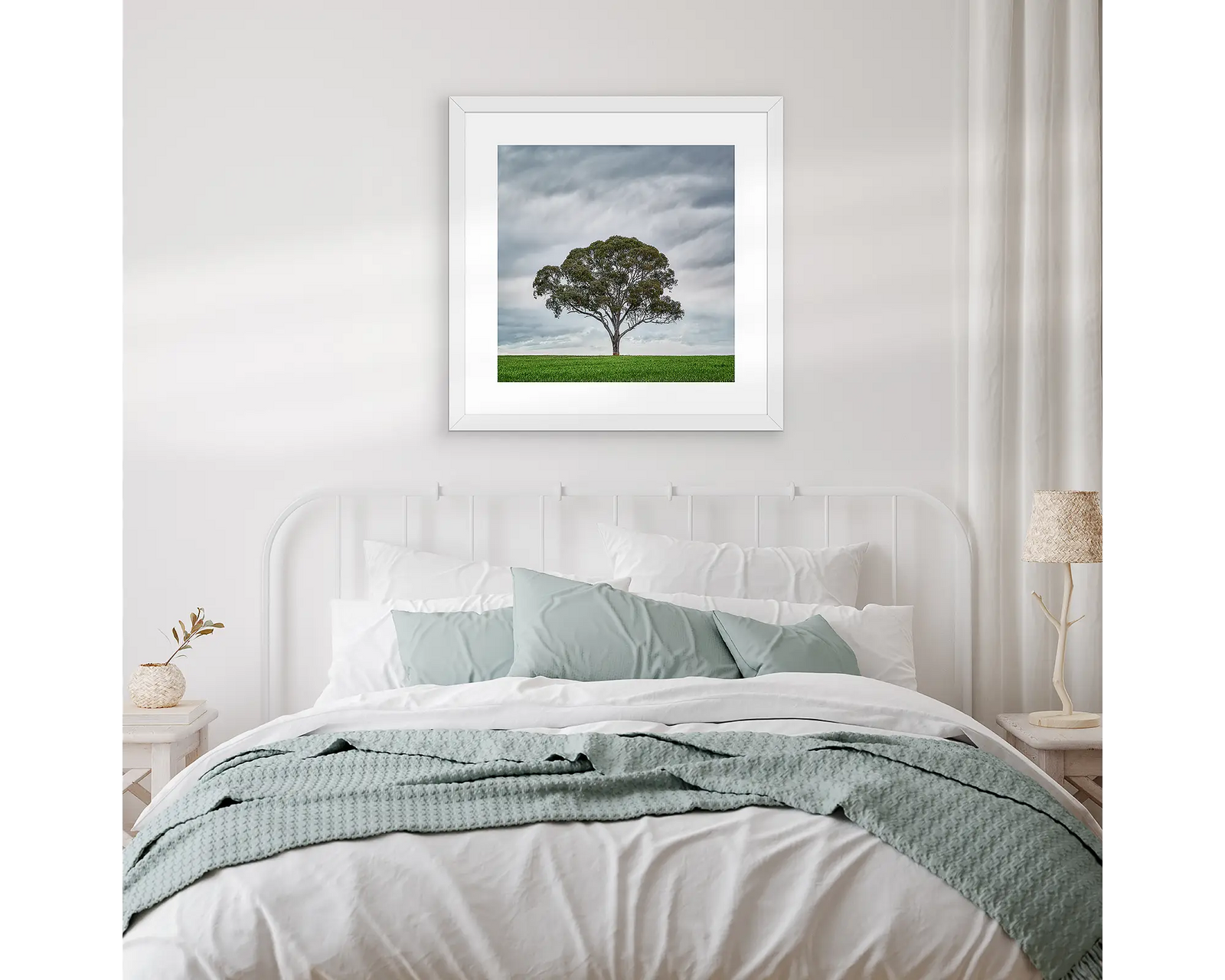 Framed photograph of a gum tree in a green field with a stormy sky behind.