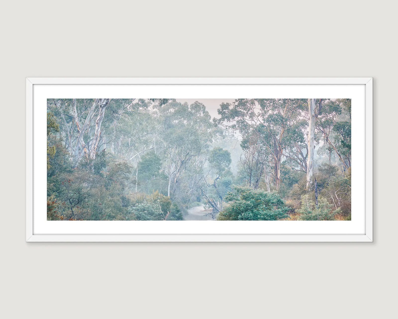 Framed photograph of a forest scene with mist on Ovens River.