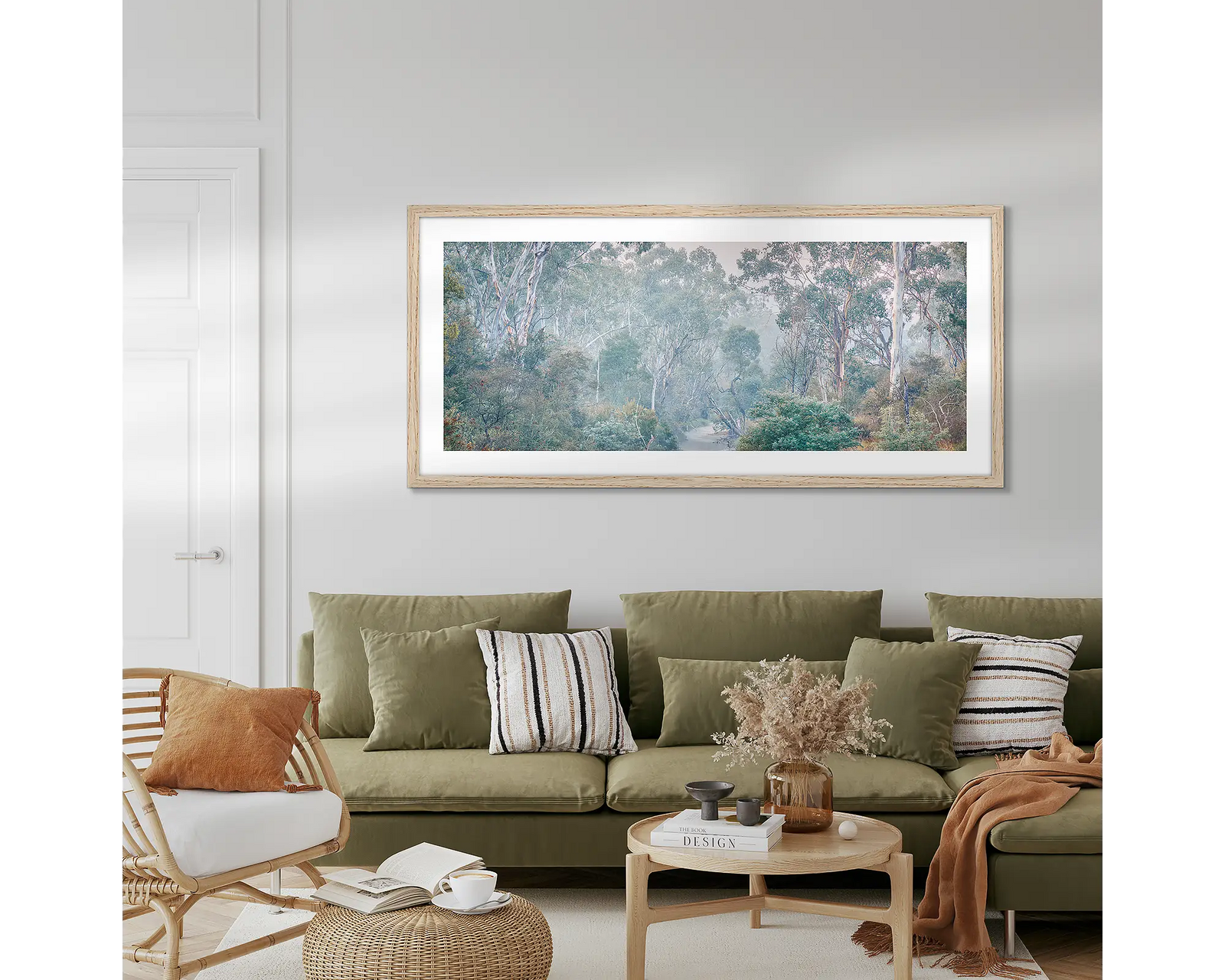 Framed photograph of a forest scene with mist on Ovens River.