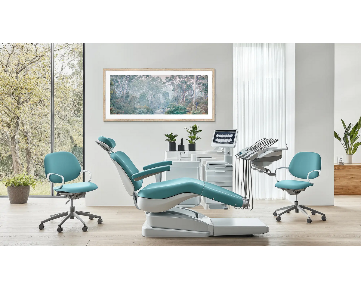 Sounds of the Ovens. Wall art print of the Ovens River and gum trees with a Tasmanian Oak frame, hung in a dental surgery. 