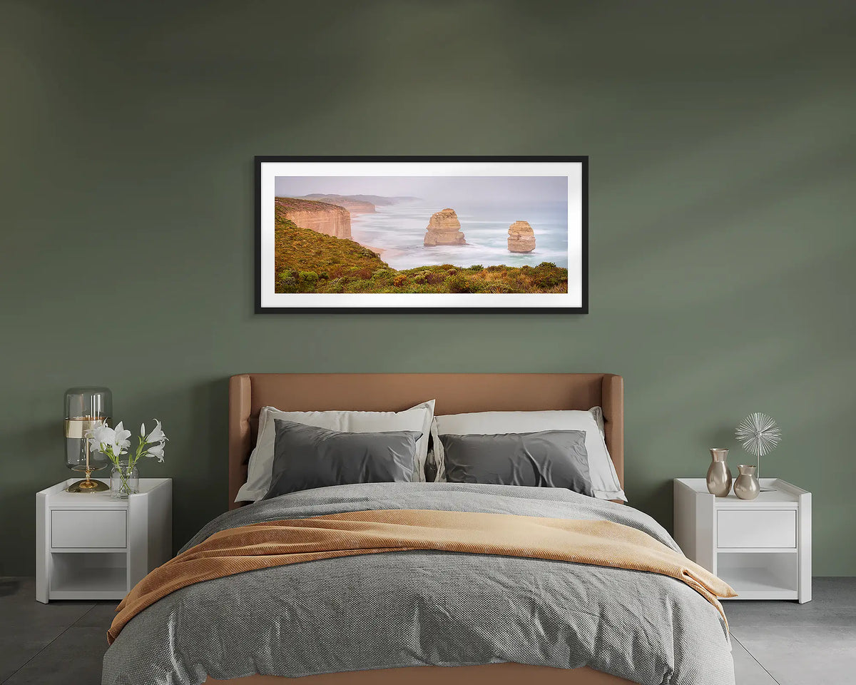 Southern Ocean Sentinels. Gog and Magog, Great Ocean Road wall art print, framed with a black frame and hung on a bedroom wall.
