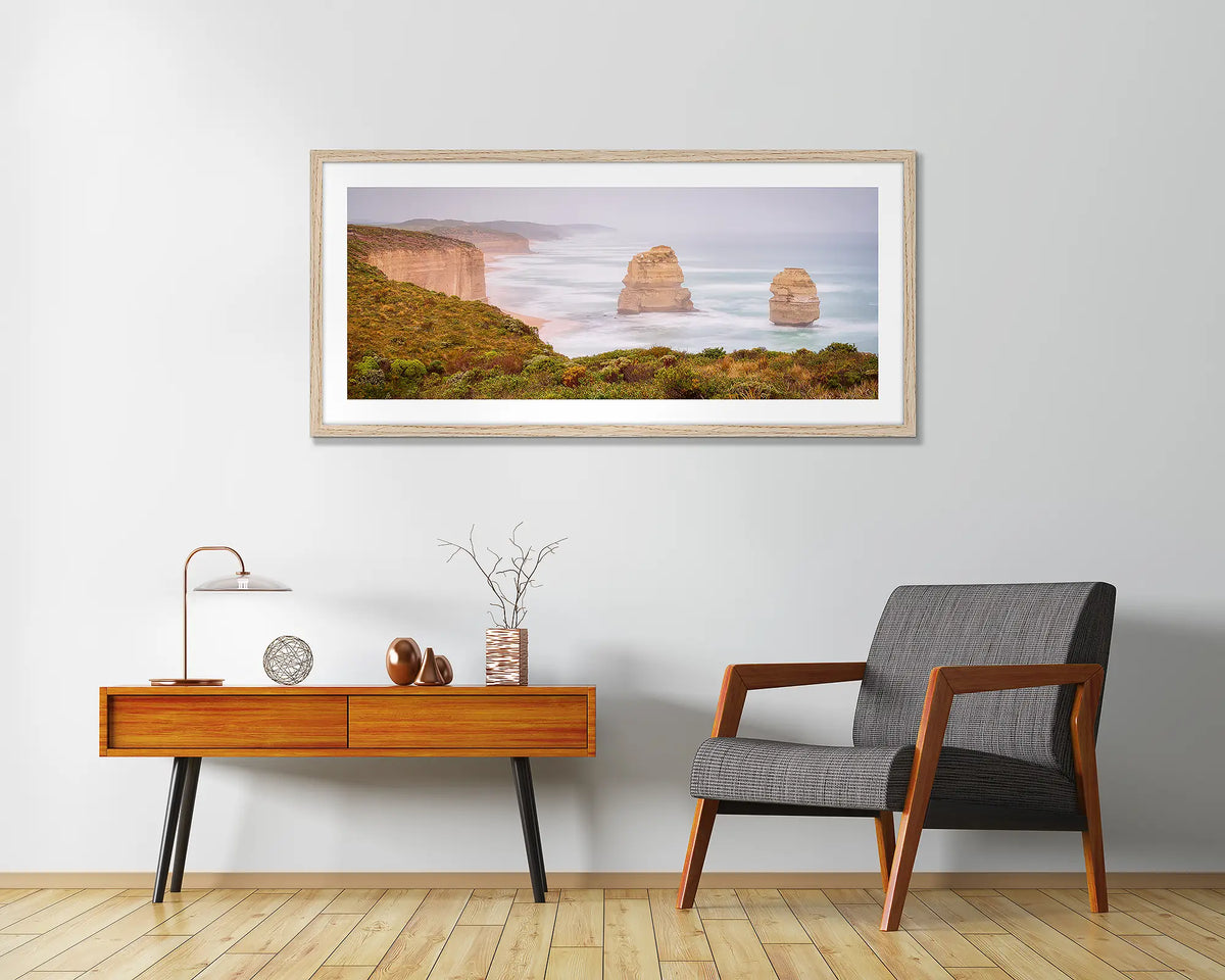 Southern Ocean Sentinels. Gog and Magog, Great Ocean Road wall art print, framed with a Tasmanian Oak frame and hung in an entrance foyer.