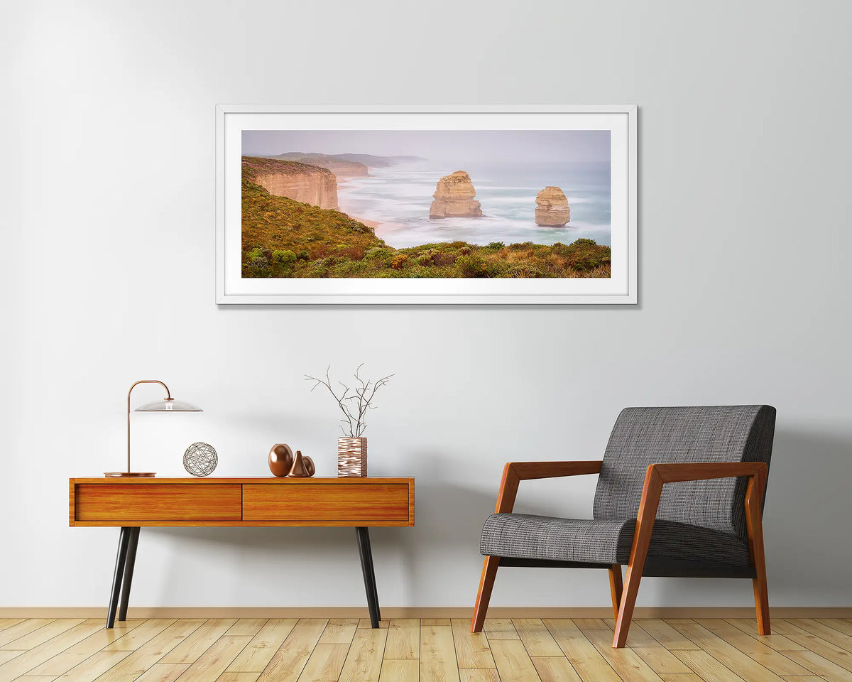 Southern Ocean Sentinels. Gog and Magog, Great Ocean Road wall art print, framed with a white frame and hung in an entrance foyer. 