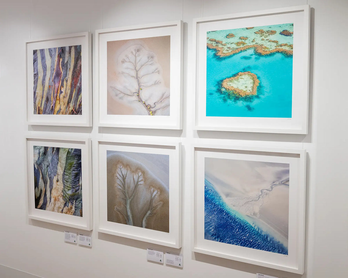 Spread. Aerial artwork of tidal patterns Cambridge Gulf, The Kimberley, displayed with more abstract artworks.