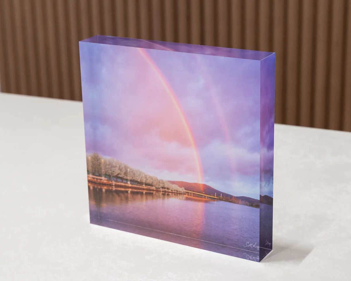 Spring Delight. Acrylic block of a double rainbow over Lake Burley Griffin, Canberra.