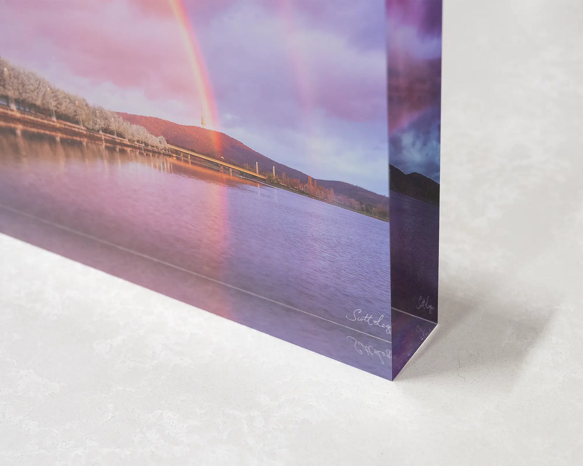 Spring Delight. Acrylic block of a double rainbow over Lake Burley Griffin, Canberra. Corner close-up showing 3D effect.