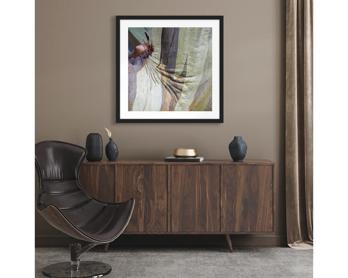 Squish. Abstract wall art print of snow gum bark on Mount Buller, framed with a black fame and hung in a lounge room. 