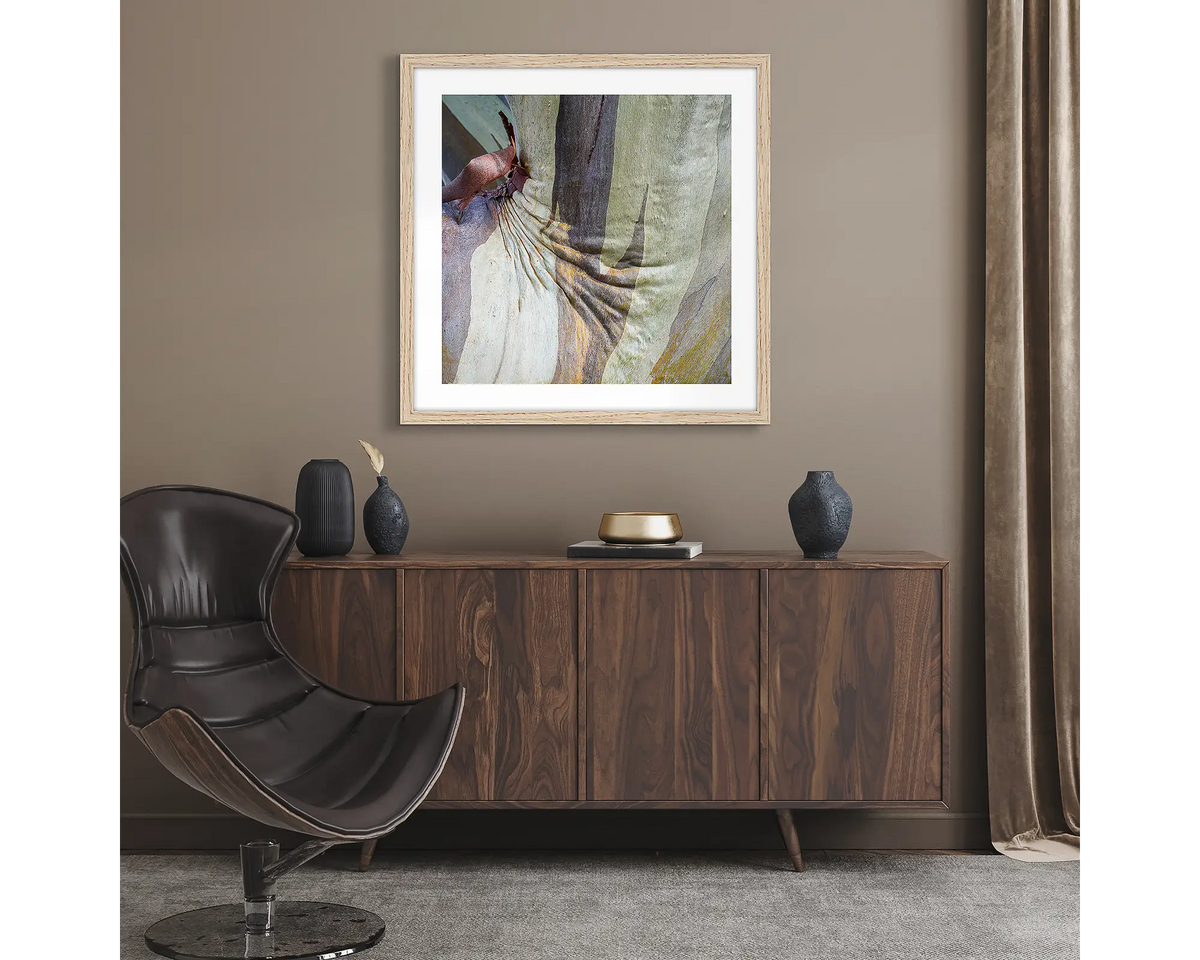Squish. Abstract wall art print of snow gum bark on Mount Buller, framed with a timber fame and hung in a lounge room. 