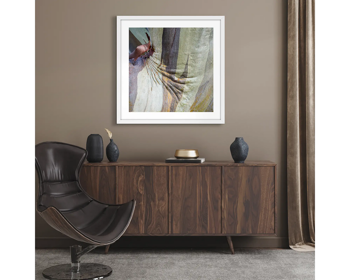 Squish. Abstract wall art print of snow gum bark on Mount Buller, framed with a white fame and hung in a lounge room. 