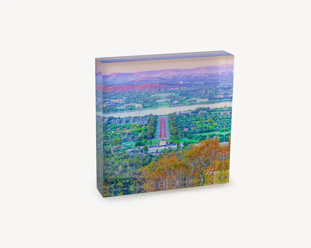 State Of Flux. Acrylic block of sunrise views from Mount Ainslie, Canberra.