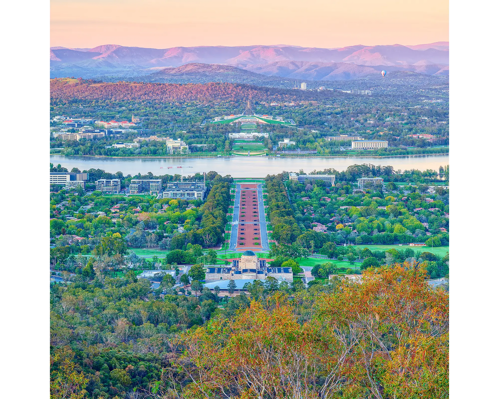 Canberra at sunrise, viewed from the top of Mount Ainslie.