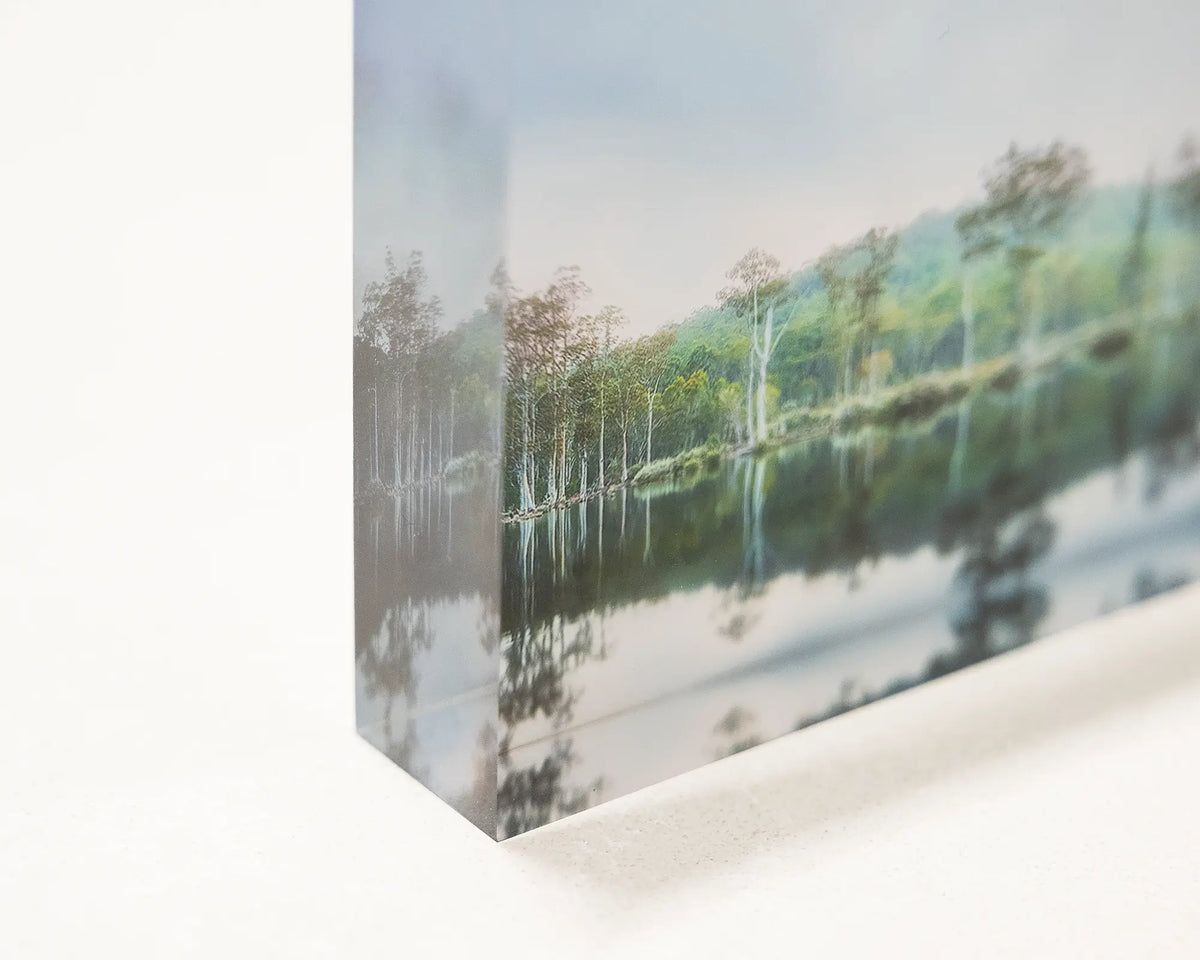 Still Standing. Acrylic block of Franklin-Gordon Wild Rivers National Park, Tasmania, close-up corner image.