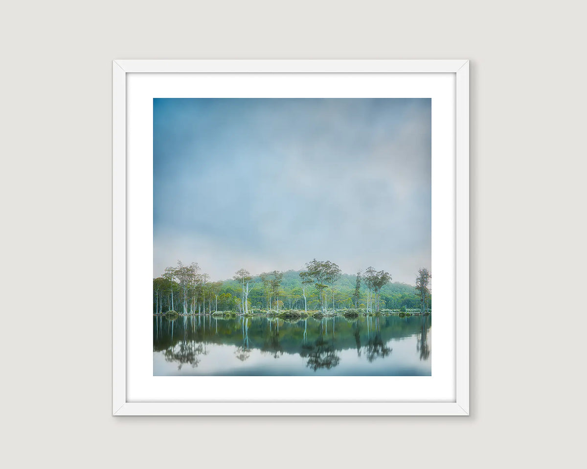 Framed landscape artwork of the Franklin Gordon River with trees and water.