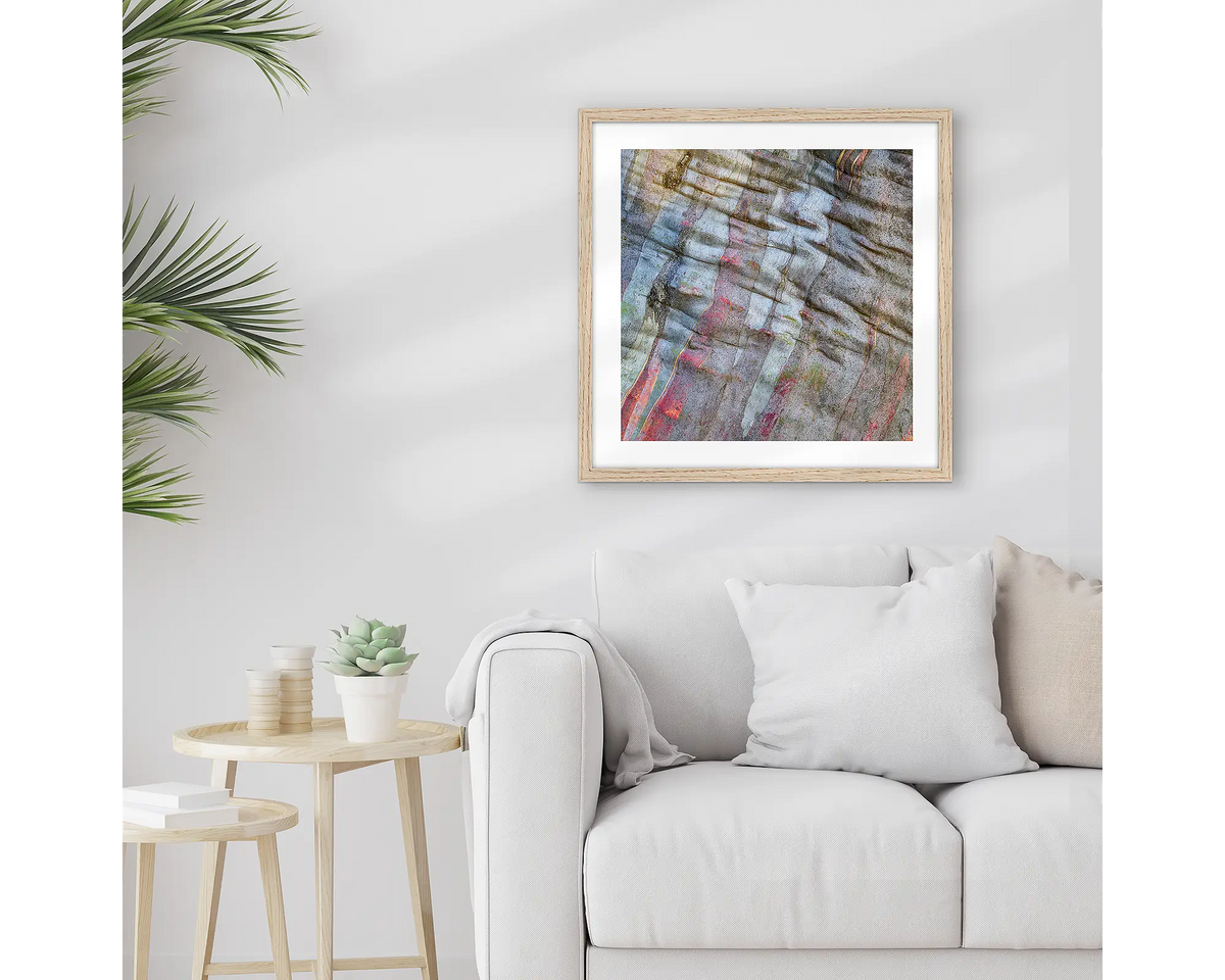 Stirling Colours. Abstract wall art print of snow gum bark, with a timber frame, hung above a couch. 