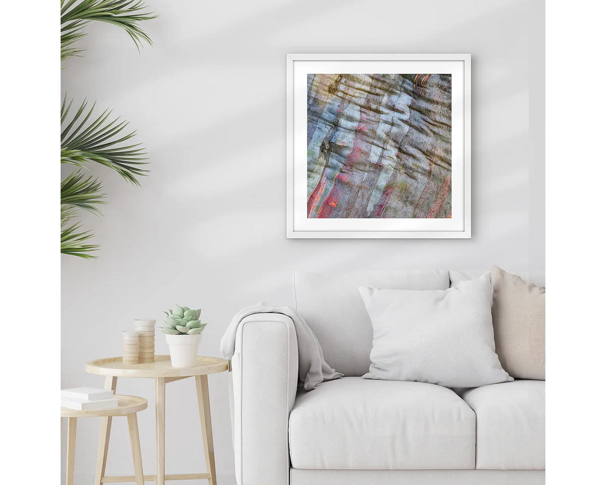 Stirling Colours. Abstract wall art print of snow gum bark, with a white frame, hung above a couch. 