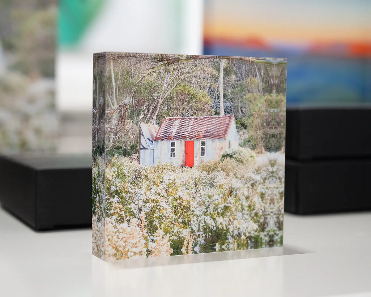Stockman's Shelter. Acrylic block of Horse Camp Hut, Kosciuszko National Park, on display in gallery with more alpine acrylic blocks.
