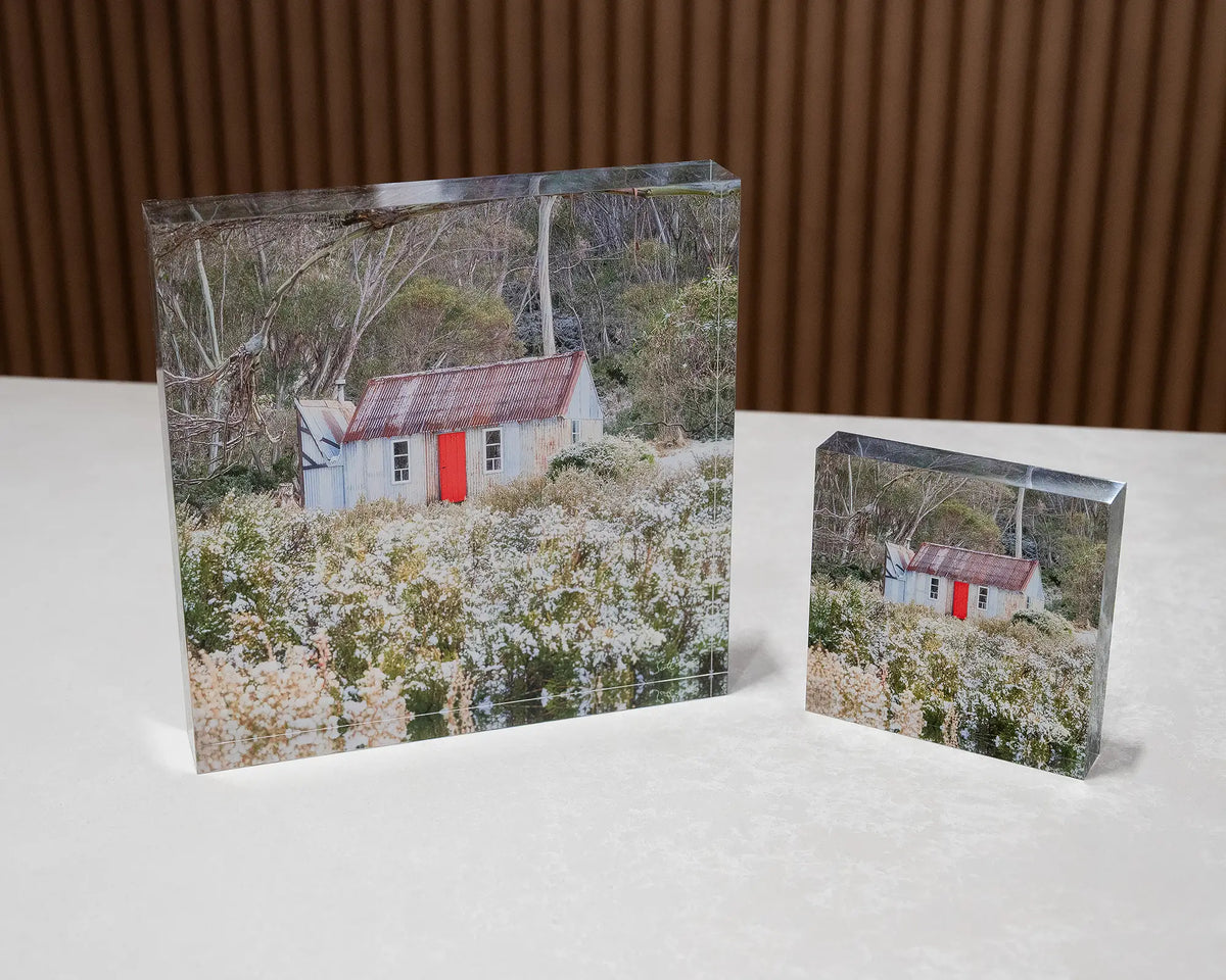 Stockman's Shelter. Horse Camp Hut, Kosciuszko National Park, 19cm and 10cm acrylic blocks sitting on desk.