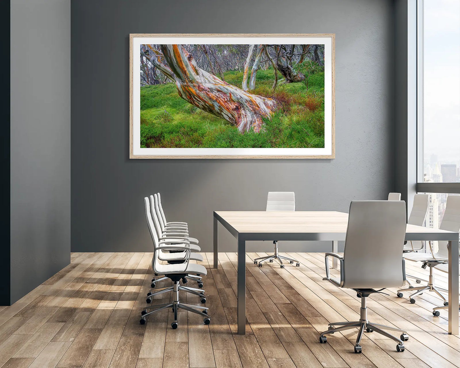 Strength. Snow Gum wall art hung in corporate boardroom.