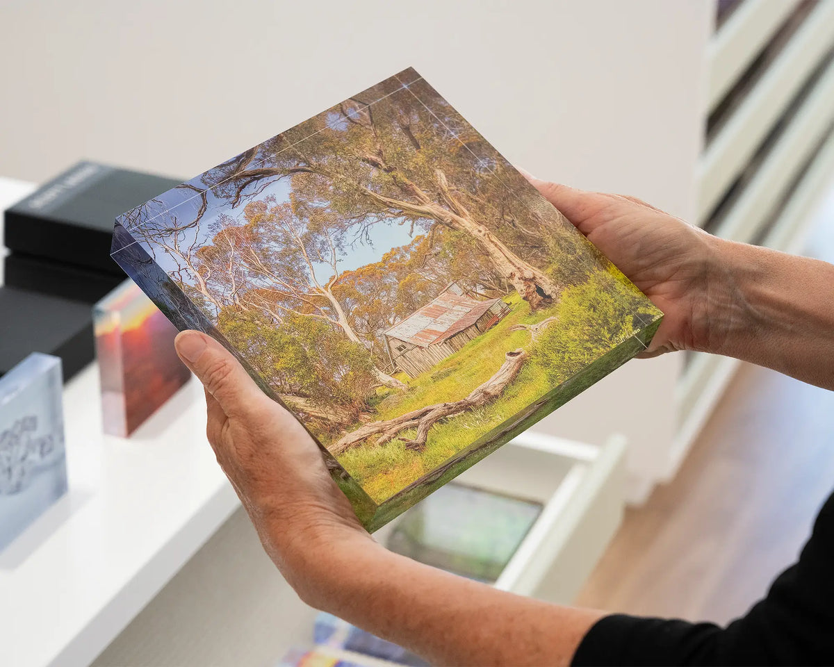 Summer In The High Country. Acrylic block of Wallace Hut, Victoria, hand held in gallery.
