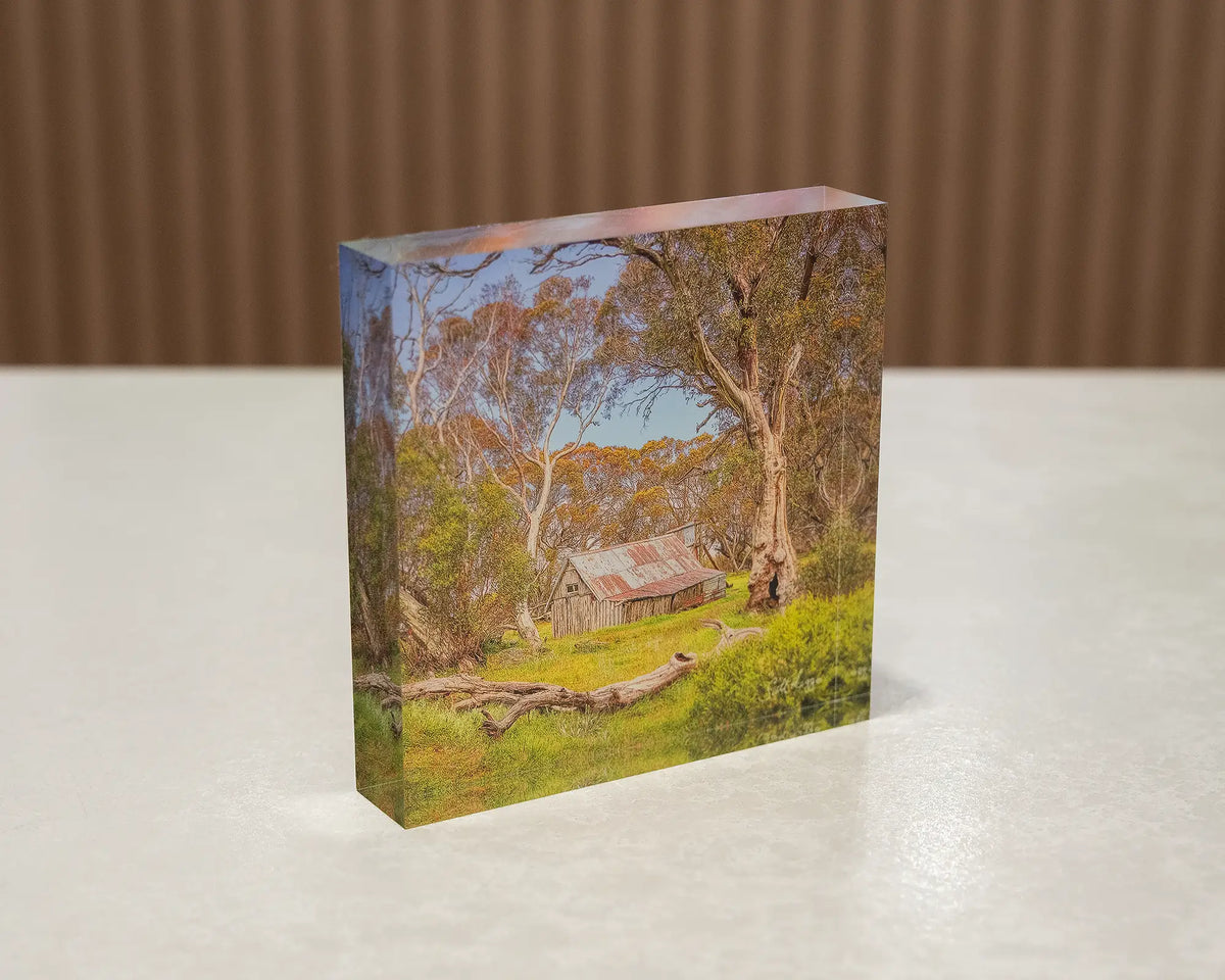 Summer in the High Country. Acrylic block of Wallace Hut, Victoria sitting on a desk showing 3D effect.