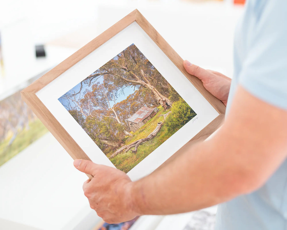 Summer In The High Country. Wallaces Hut wall art print, framed with Tasmanian Oak frame.