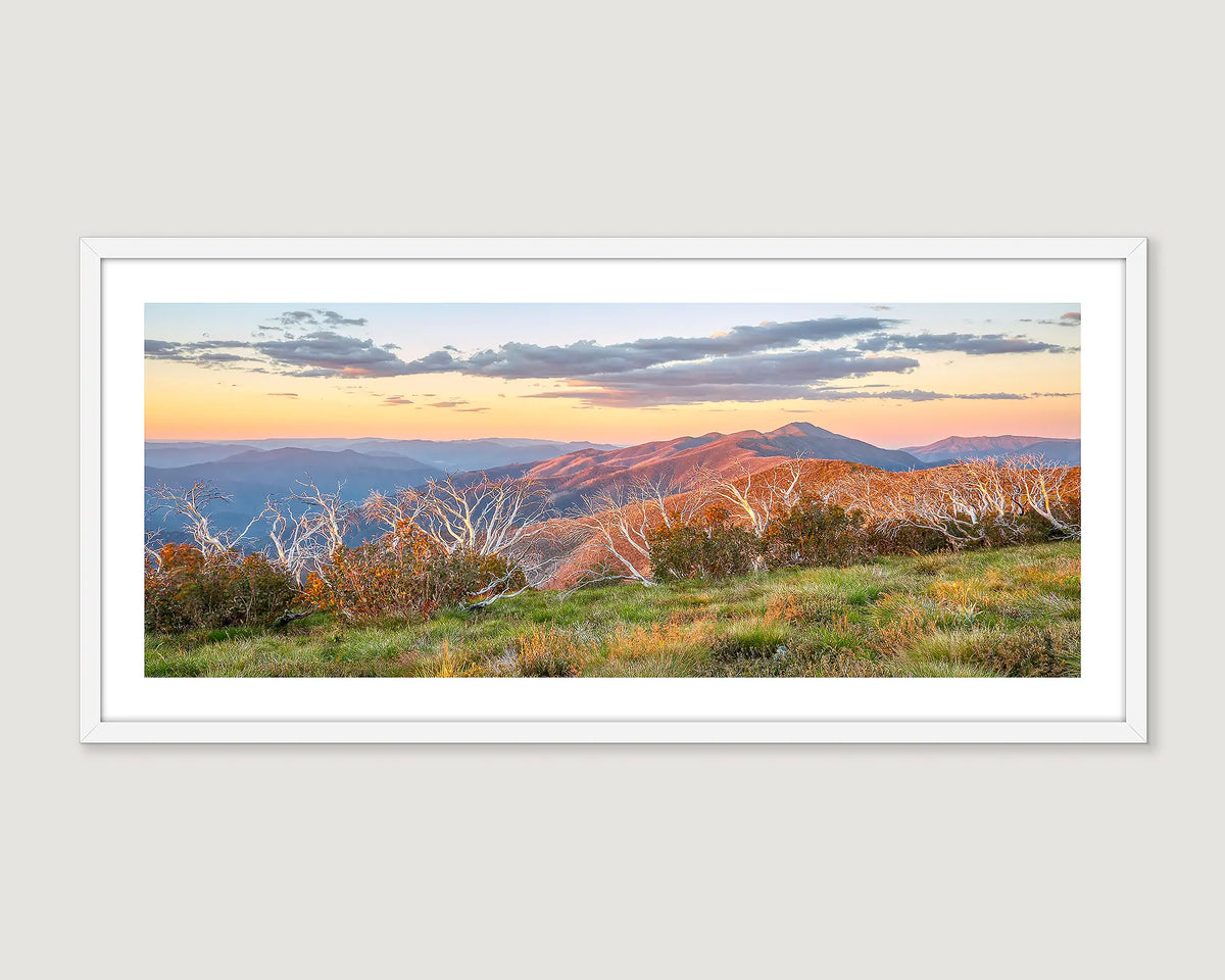 Framed landscape print of a mountainous scene towards Razorback with trees and sunset.