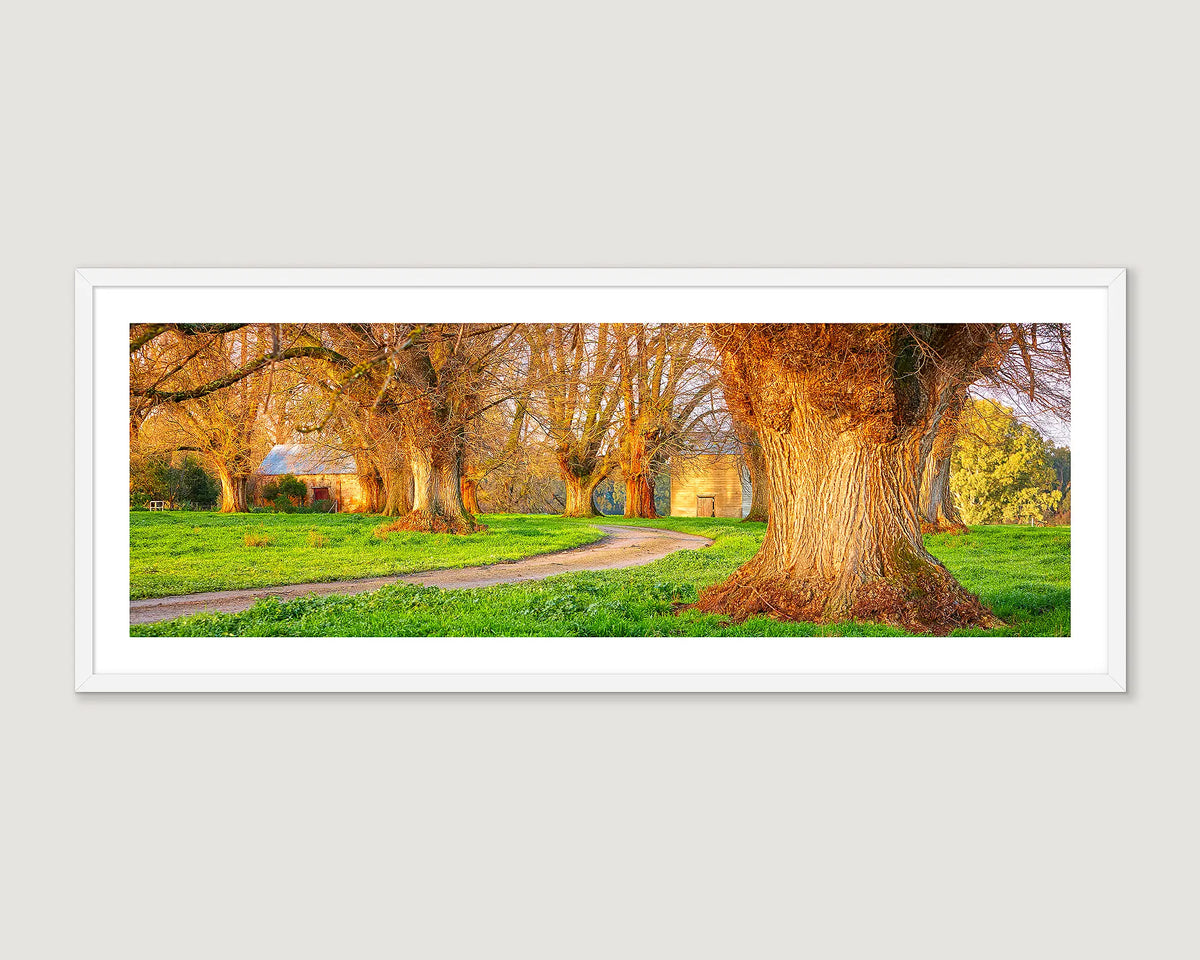 Framed artwork of a scenic landscape with a historic building, trees and a path.