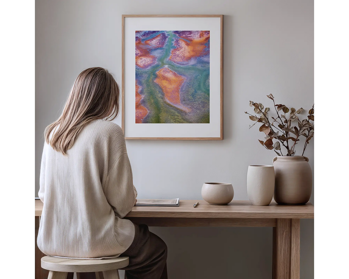 Surface. Abstract Kimberley photography  artwork, with a timber frame, hung in a study nook. 