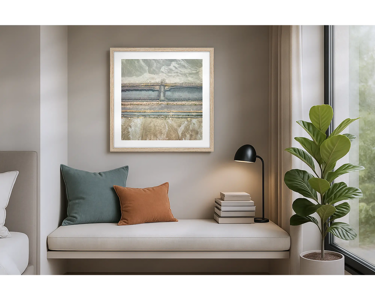 Surplus. Wall art print of an abstract scene, of a mine site from above, with a Tassie Oak frame, hung in an apartment. 