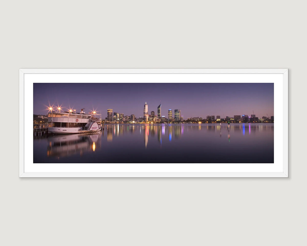 Framed photograph of a river cityscape by night in Perth.
