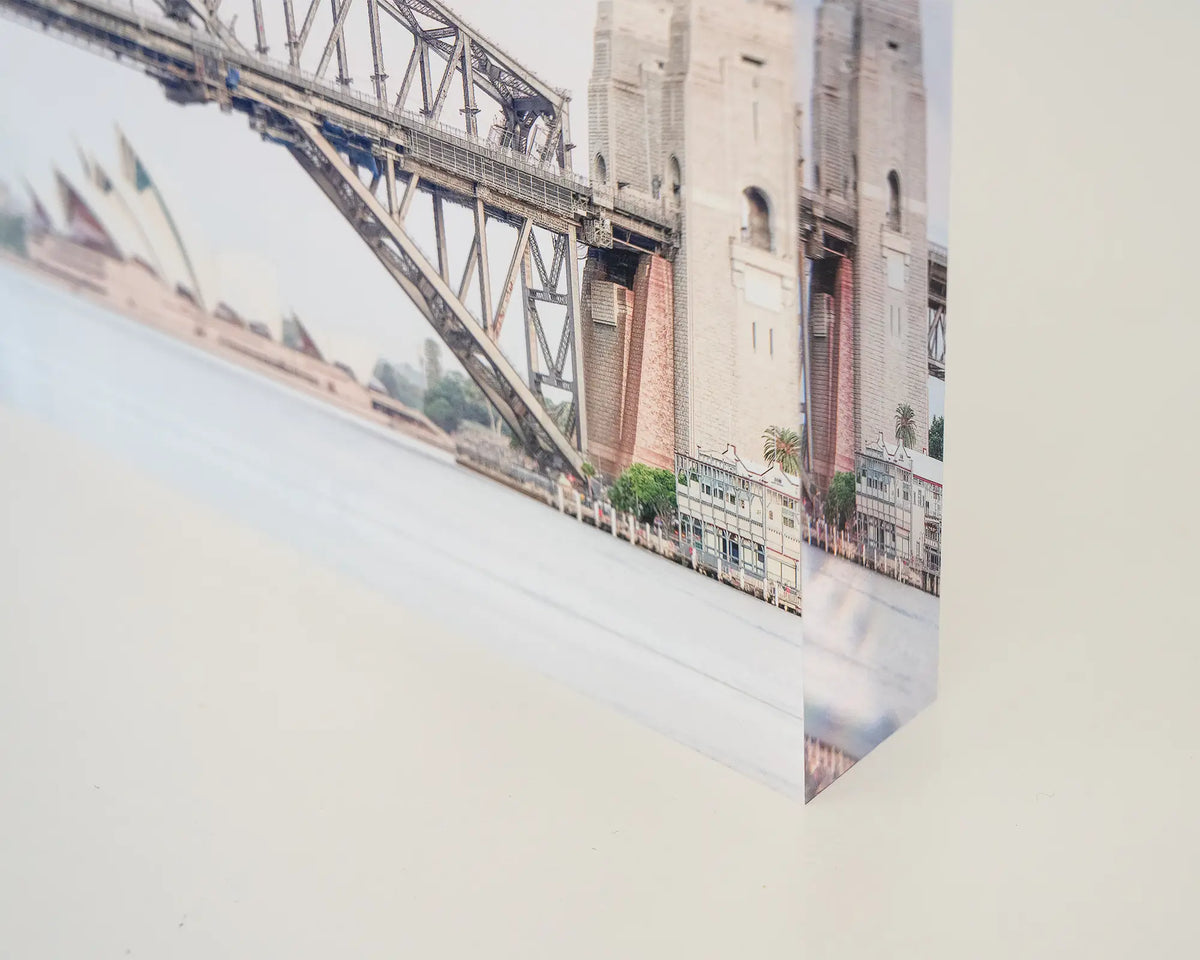 Sydney Icons. Acrylic block of the Opera House and Harbour Bridge, corner close-up details.