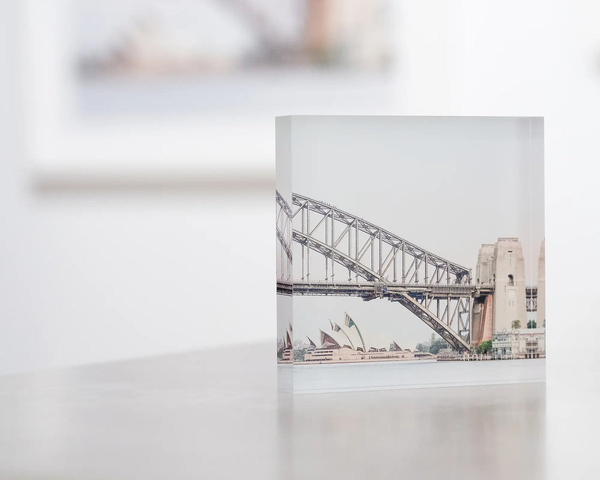 Sydney Icons. Acrylic block of Sydney Opera House and Harbour Bridge, on display in gallery.