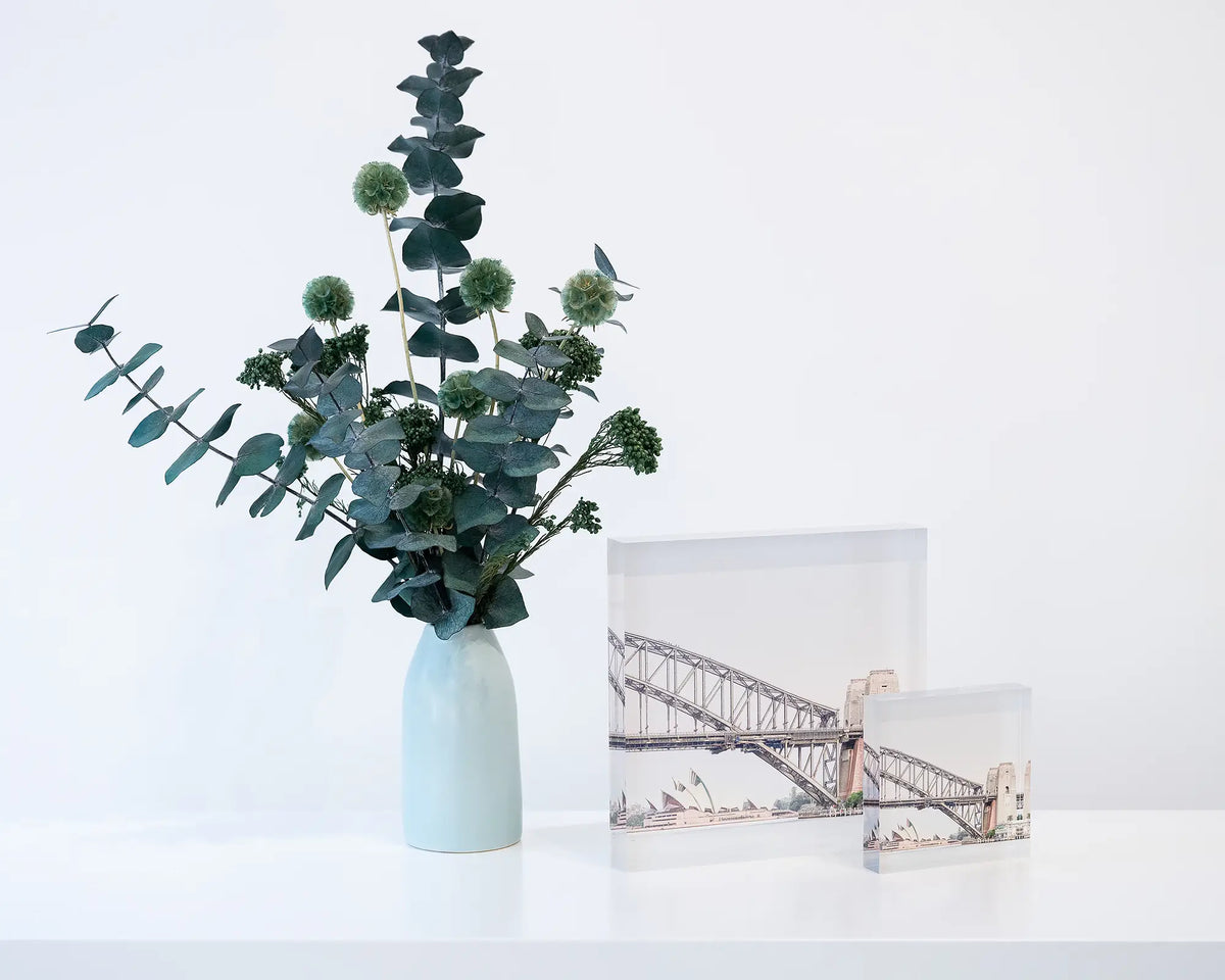 Sydney Icons. Opera House and Harbour Bridge, 10cm and 19cm acrylic blocks, styled with a flower vase.