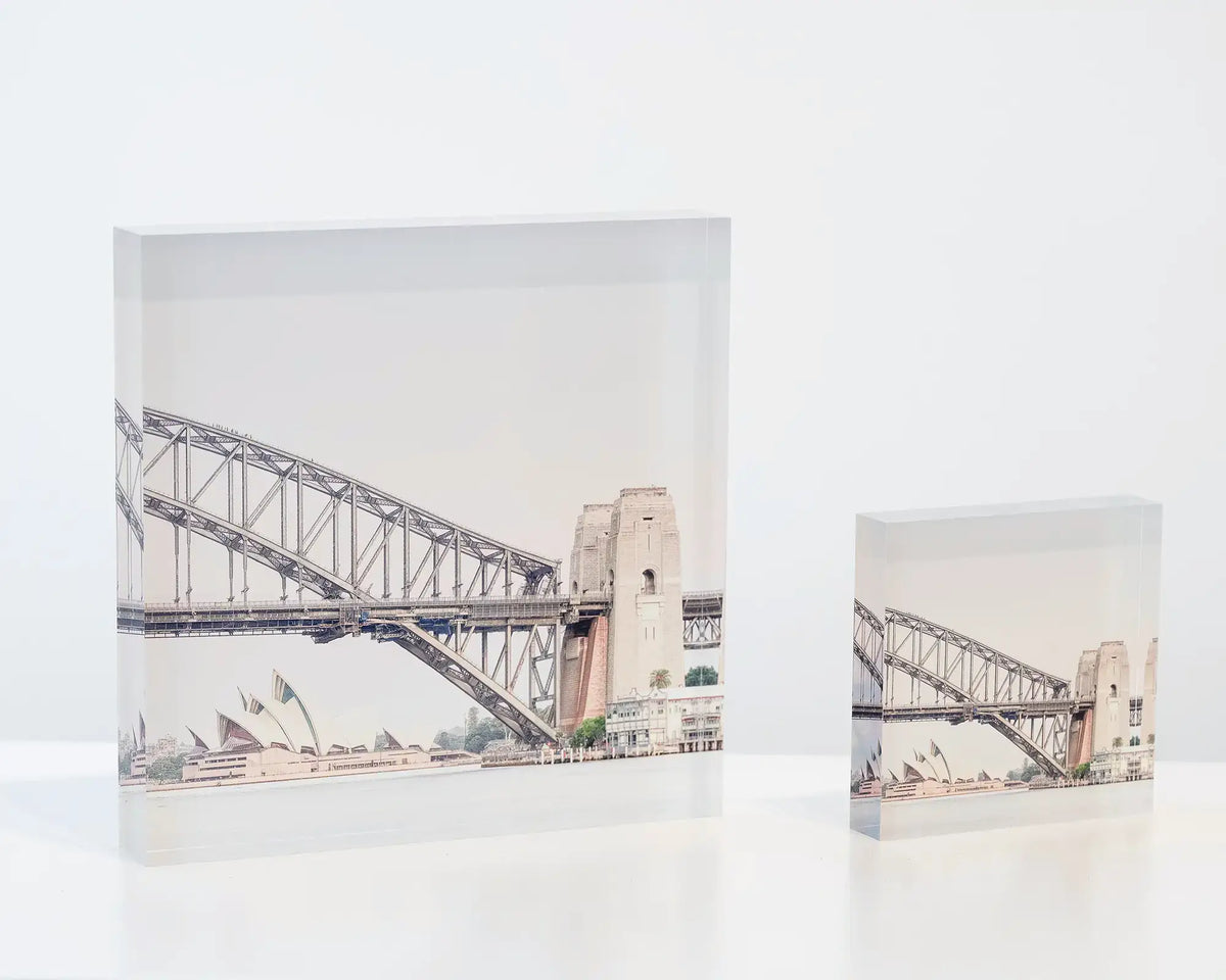 Sydney Icons. Opera House and Harbour Bridge, Sydney, 10cm and 19cm acrylic blocks.