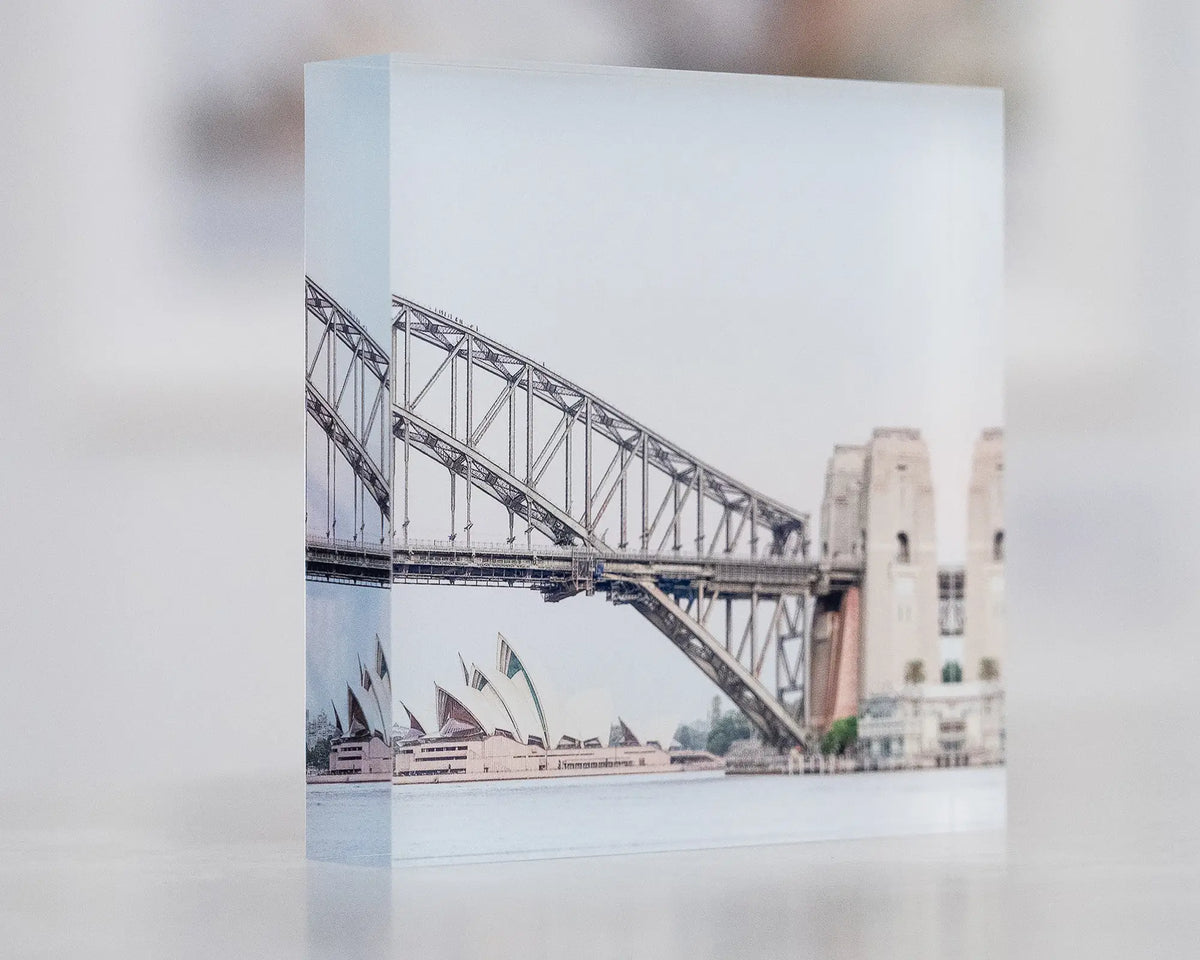 Sydney Icons. Sydney Opera House and Harbour Bridge, acrylic block showing 3d effect.