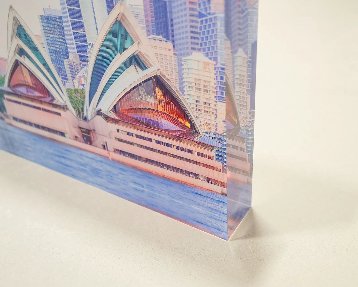 Sydney Views. Acrylic block of the Opera House at sunset, corner close-up details.