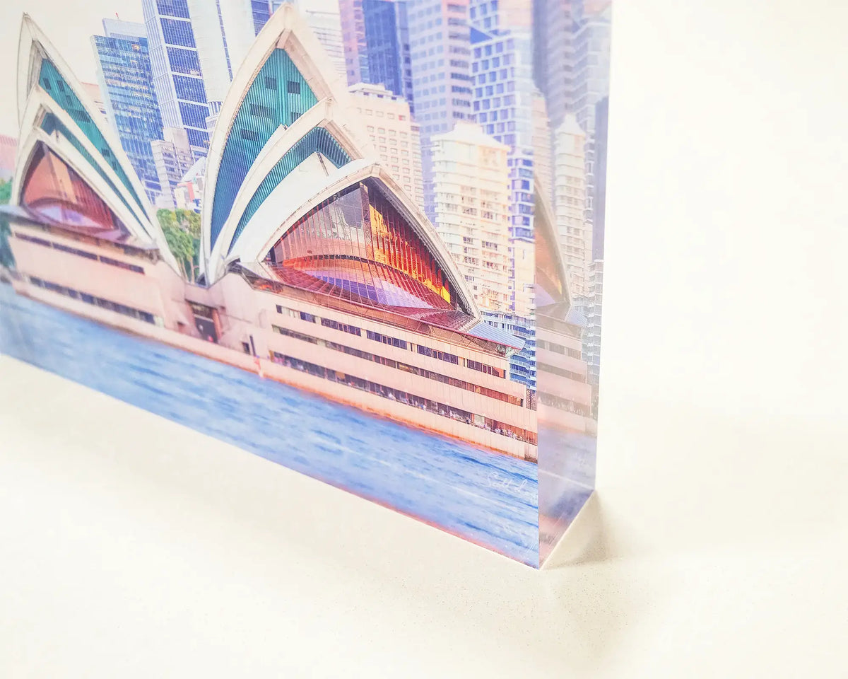 Sydney Views. Acrylic block of Sydney Opera House at sunset, corner close-up details.