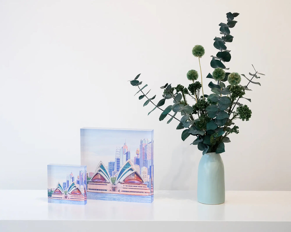 Sydney Views. Sunset over Sydney Opera House, 10cm and 19cm acrylic blocks, styled with a flower vase.